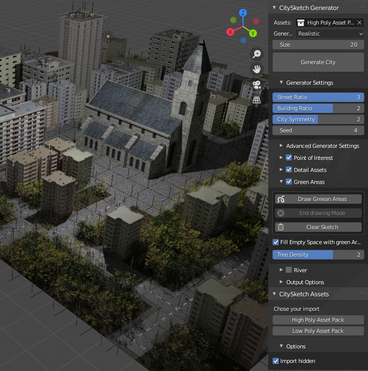 Image showing the Add-on user interface next to a generated City inside Blender